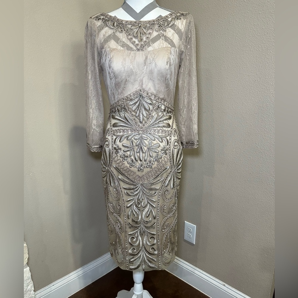 SUE WONG Beaded dress with mesh and draping in back, NWT!